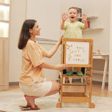 TOETOL Bamboo Kids Step Stool for Kitchen Height Adjustable Toddler Standing Tower with Keeper and Black & White Activity Board