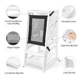 TOETOL Bamboo Kids Step Stool for Kitchen Height Adjustable Toddler Standing Tower with Keeper and Black & White Activity Board