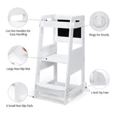 TOETOL Bamboo Toddler Step Stool Kitchen Counter Learning Helper Stool Standing Tower for Kids 3 Height Adjustable with Activity Chalkboard and Whiteboard Message Boards,Non-Slip Mat,White