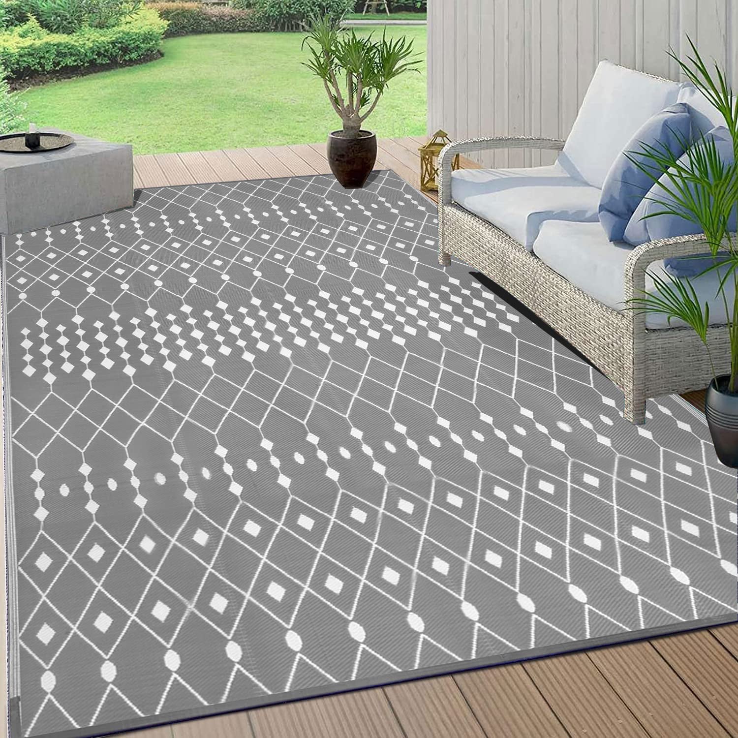 GENIMO Outdoor Rug for Patio Clearance,9'x12' Waterproof Large  Mat,Reversible Plastic Camping  Rugs,Rv,Porch,Deck,Camper,Balcony,Backyard,Black & Gray